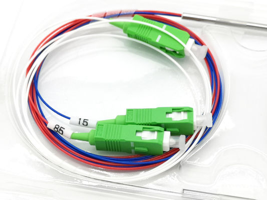 購入 SC APC 光ファイバー 1*2 FBT カップラー 15%:85% WDM T1550 R1310/1490 FWDM 用のブルー・レッド カラー オンライン製造